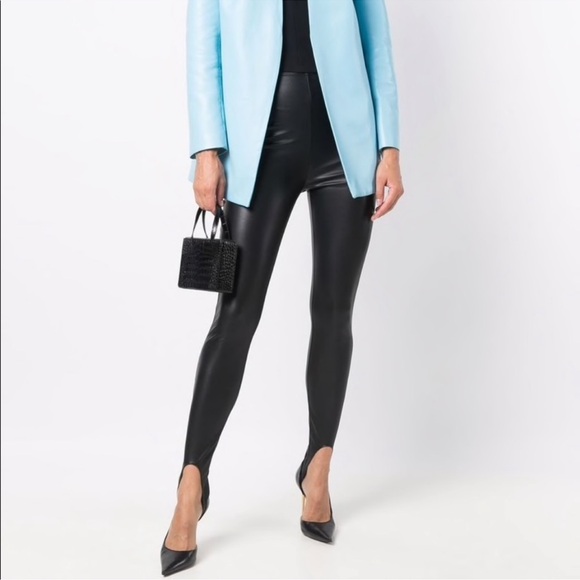 Wolford Amina Muaddi Faux Leather Leggings Stirrup Black NWT - Picture 1 of 13